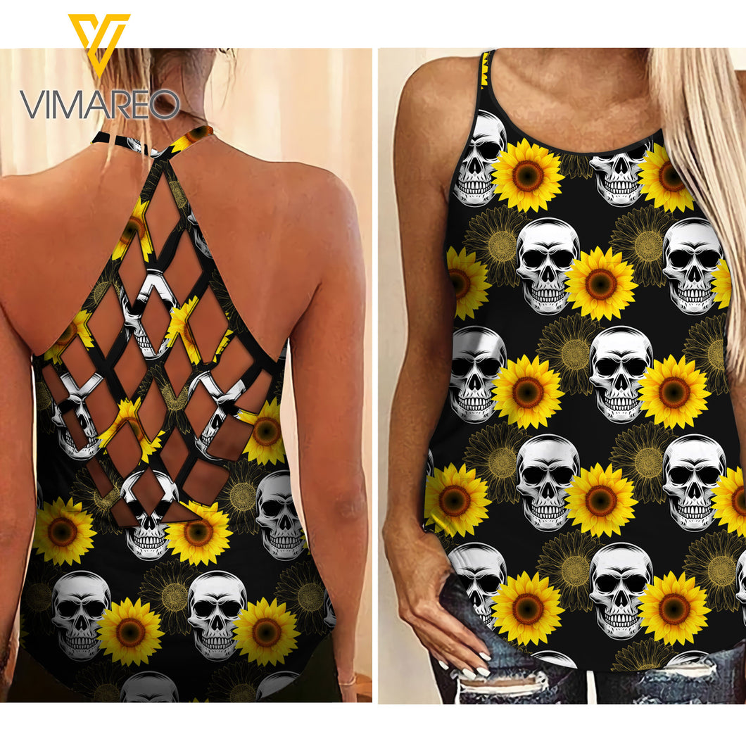 Sunflower Skull Girl Criss-Cross Open Back Camisole Tank Top 1803NGBTQ