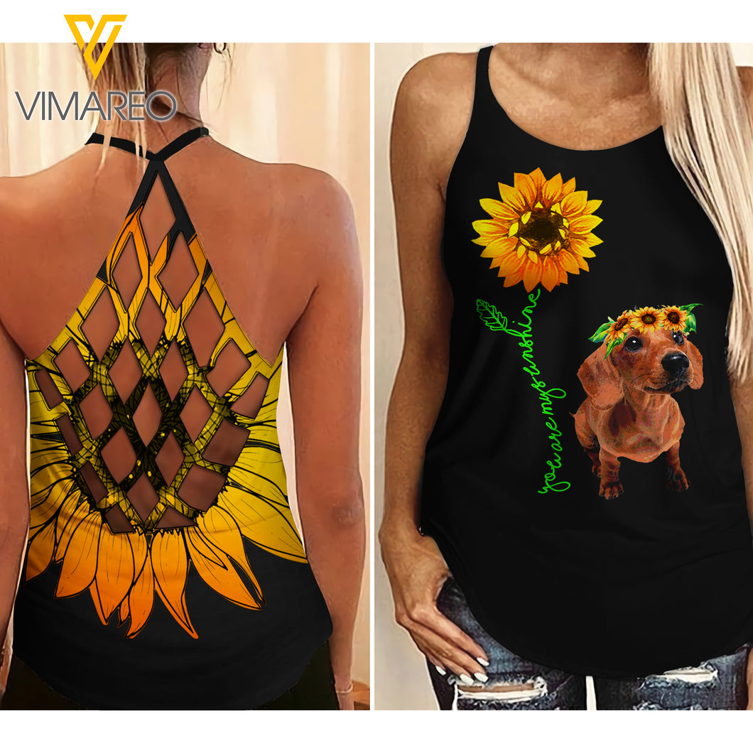 Sunflower Dachshund Girl Criss-Cross Open Back Camisole Tank Top 1903NGBTQ