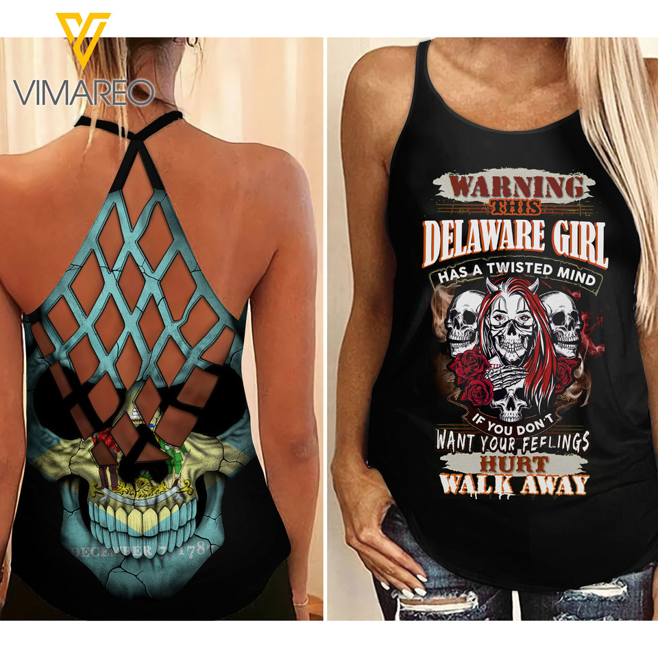 Delaware Girl With Skull Criss-Cross Open Back Camisole Tank Top YYQQ