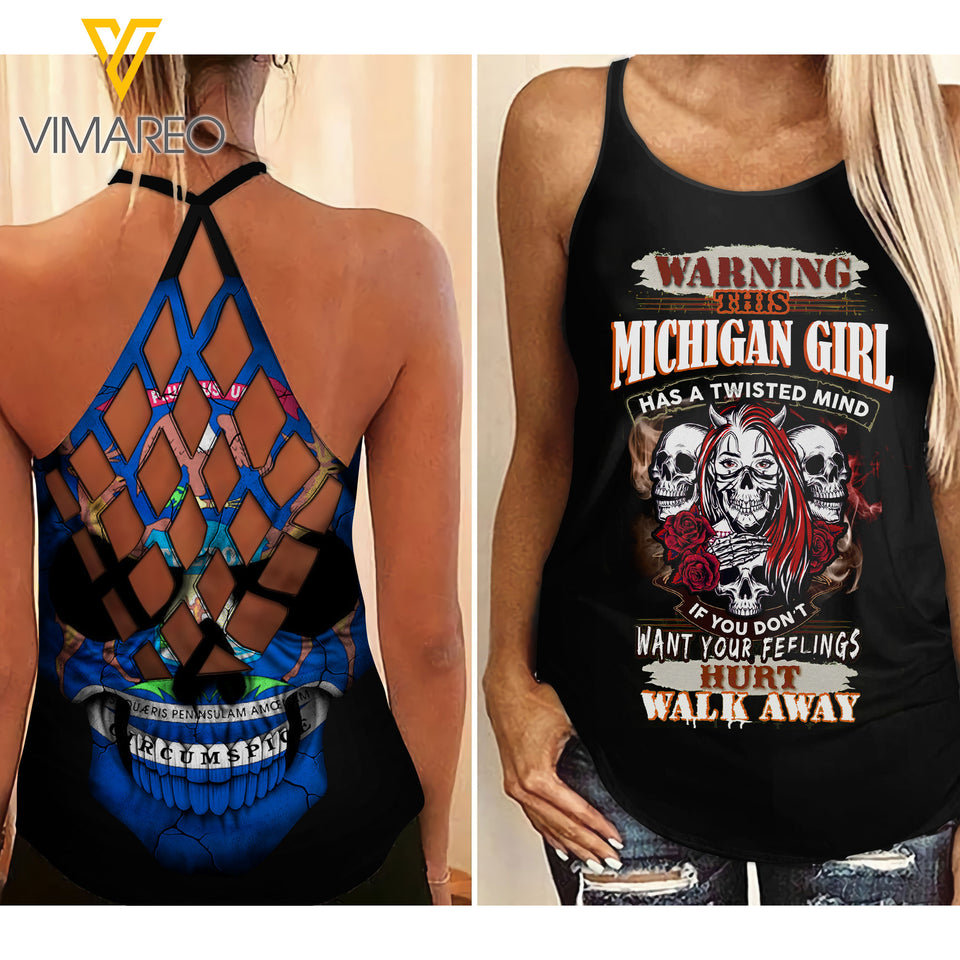 Michigan Girl With Skull Criss-Cross Open Back Camisole Tank Top YYQQ
