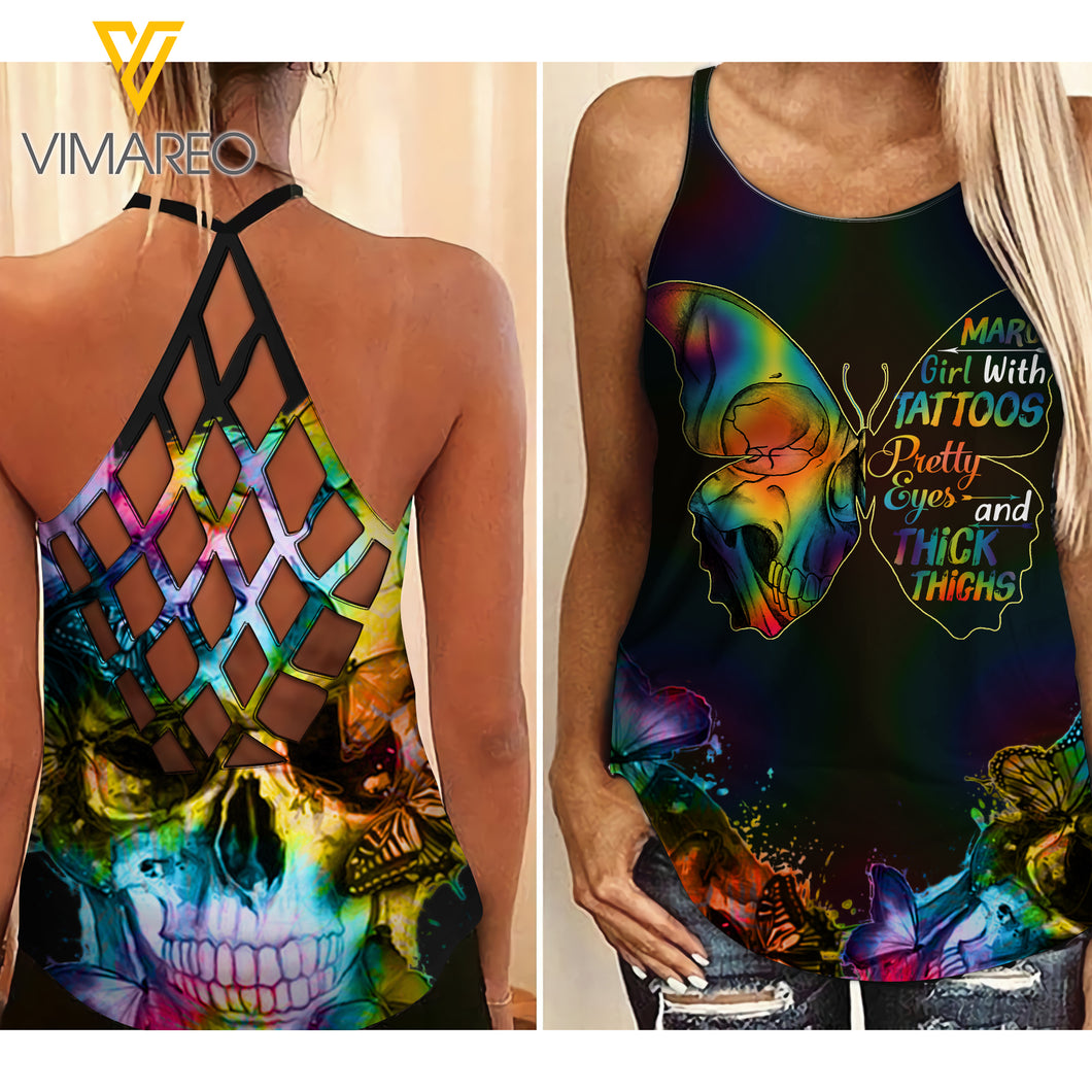 March Girl With Tatoos Pretty Eyes Criss-Cross Open Back Camisole Tank Top VMYY