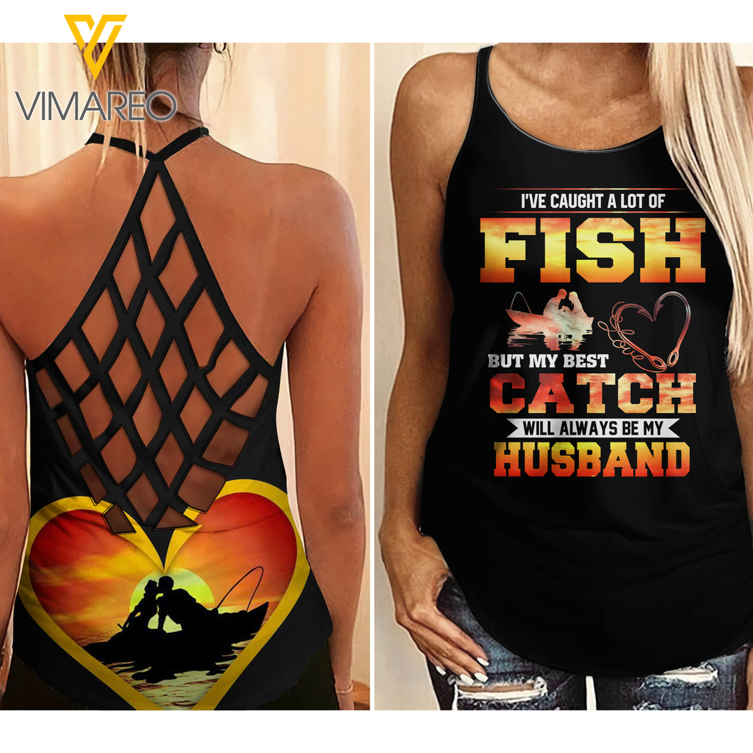 MY BEST CATCH WILL ALWAYS BE MY HUSBAND Criss-Cross Open Back Camisole Tank Top