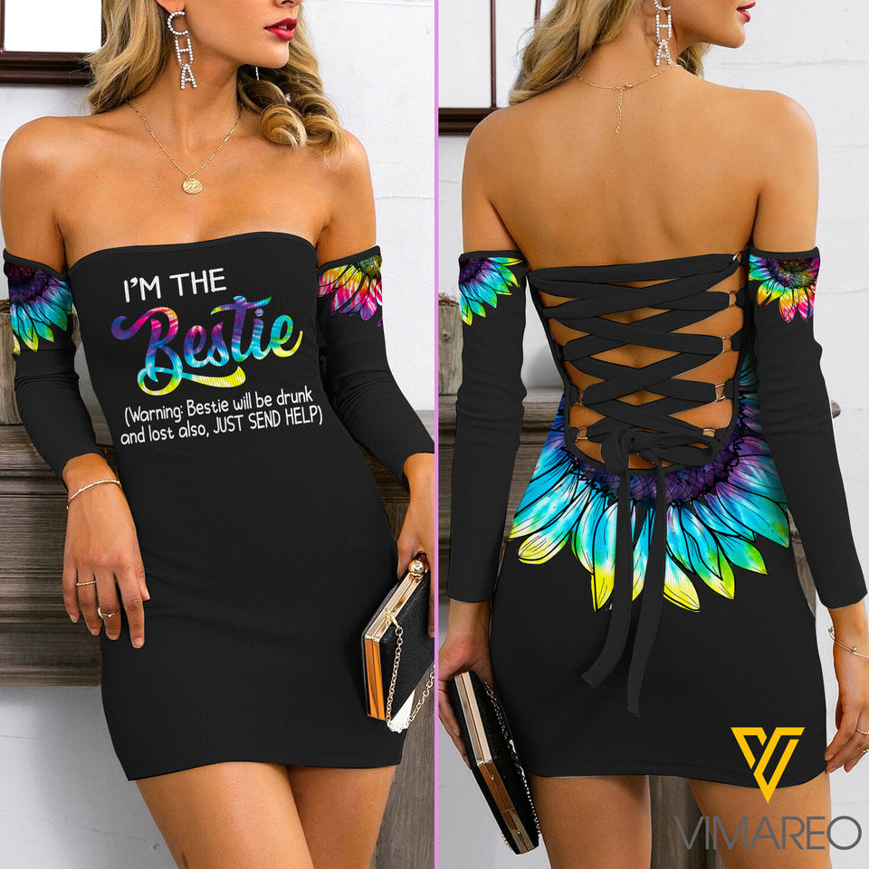 Bestie Lace Up Back Bardot Bodycon Dress MAY-DT10 KDSF