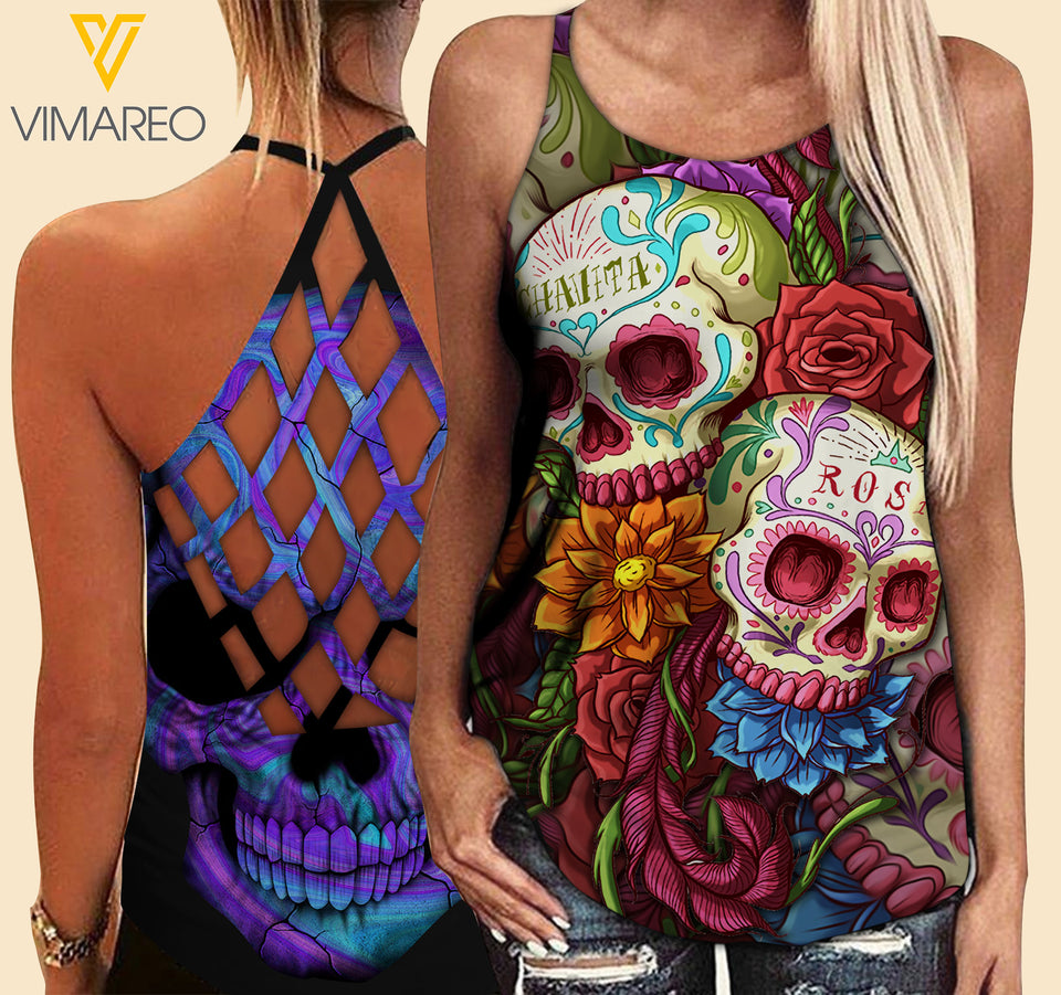 SUGAR SKULL Criss-Cross Open Back Camisole Tank Top TL3