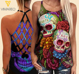 SUGAR SKULL Criss-Cross Open Back Camisole Tank Top TL3
