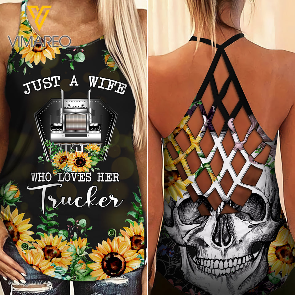 Trucker WIFE Criss-Cross Open Back Camisole Tank Top Legging TMT SUN