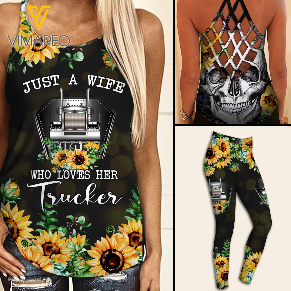Trucker WIFE Criss-Cross Open Back Camisole Tank Top Legging TMT SUN