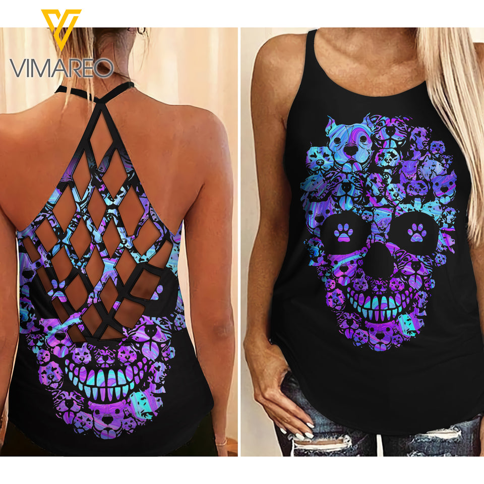 Pit Bull Dog Skull Criss-Cross Open Back Camisole Tank Top MQSEHR