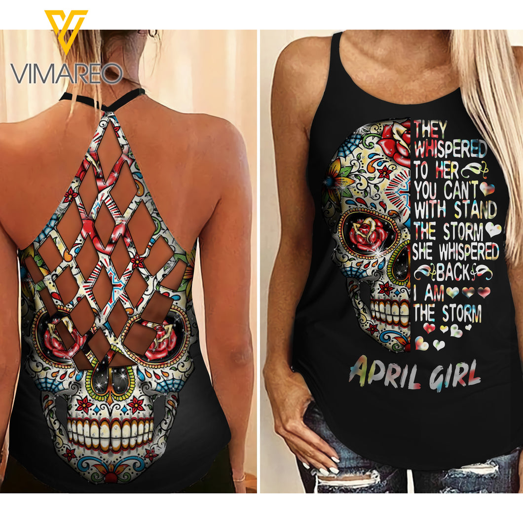 April  Girl Skull Tattoos Criss-Cross Open Back Camisole Tank Top 1803NGBA