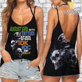 August Girl with Tattoos between IDK V Neck Halter Strap Backless Cami Tank Top