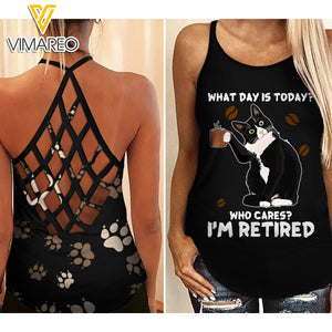 TUXEDO CAT RETIRED COFFEE CRISS-CROSS TANK TOP TNMA1309