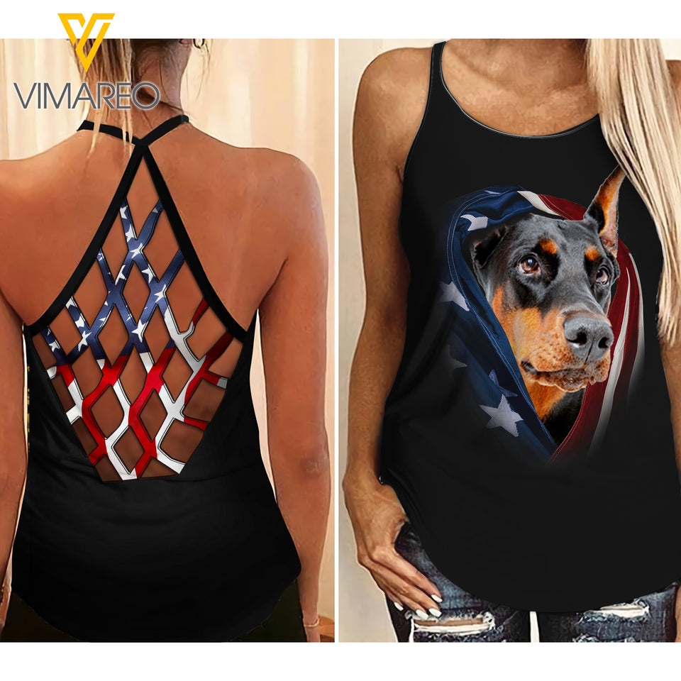 PHN Doberman Dog Criss-Cross Open Back Camisole Tank Top APR-MA20
