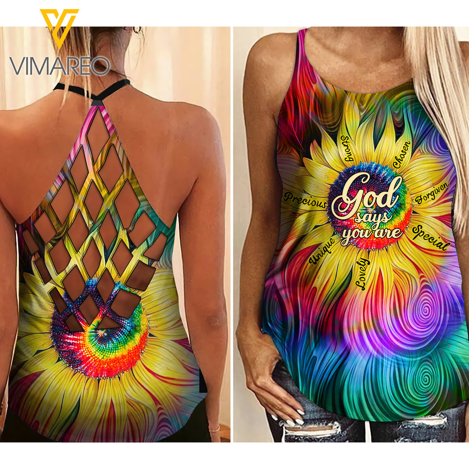 GOD SAYS YOU ARE SUNFLOWER TIE DYE CRISS-CROSS TANK TOP