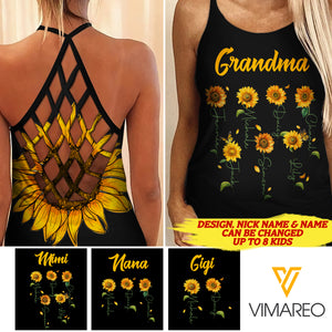 GRANDMA WITH NICKNAME AND KIDS SUNFLOWER CRISS-CROSS TANK TOP