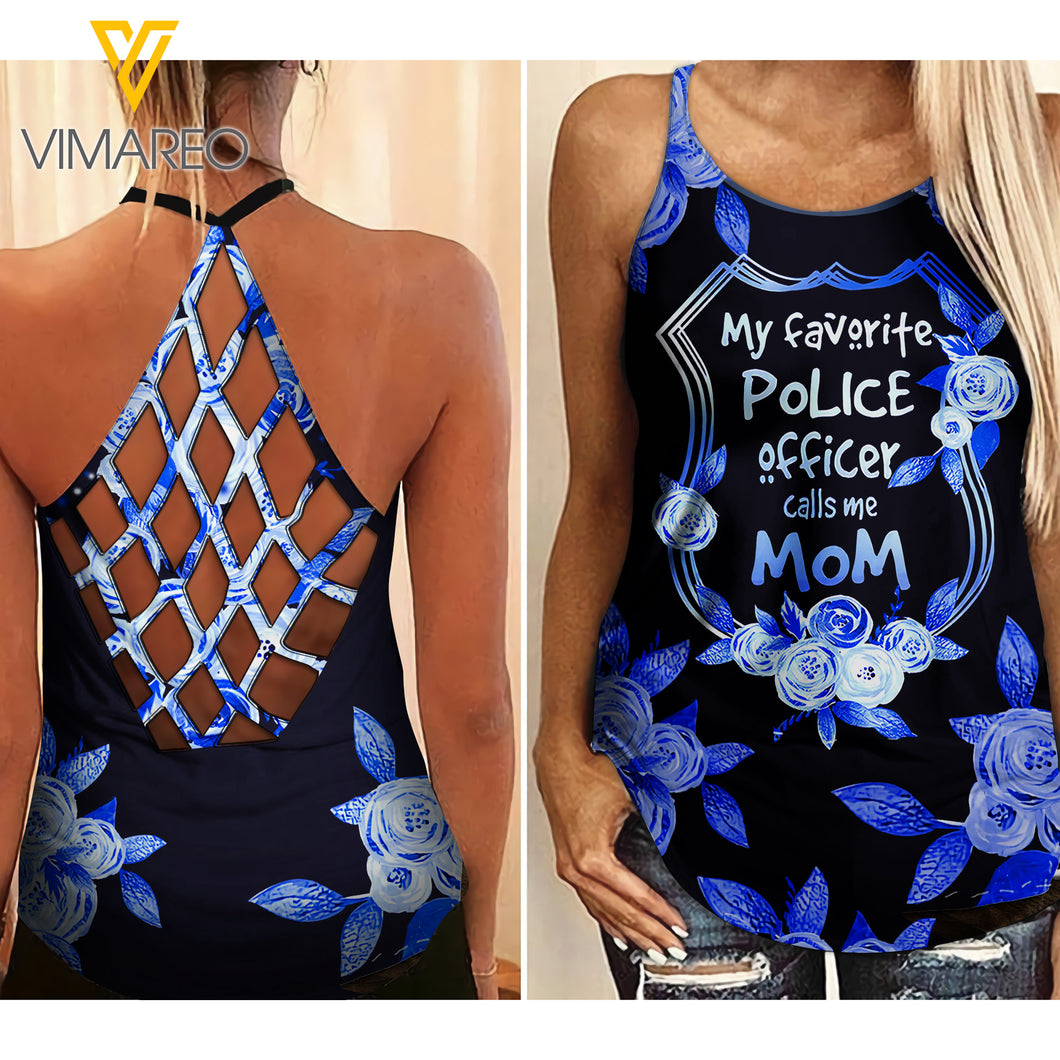 Police Officer Calls Me Mom Criss-Cross Open Back Camisole Tank Top MAR-MA15