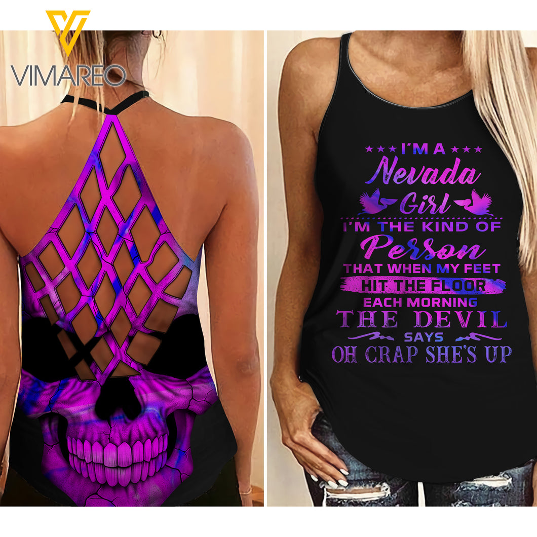 Nevada Girl With Skull Criss-Cross Open Back Camisole Tank Top AAYY