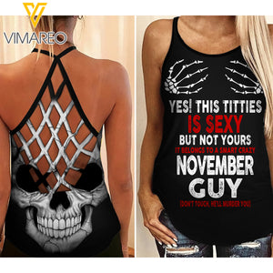 THIS TITTIES BELONGS TO A SMART NOVEMBER GUY CRISS-CROSS TANK TOP