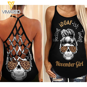 NOVEMBER GIRL FEELING IDGAFISH TODAY SKULL CRISS-CROSS TANK TOP