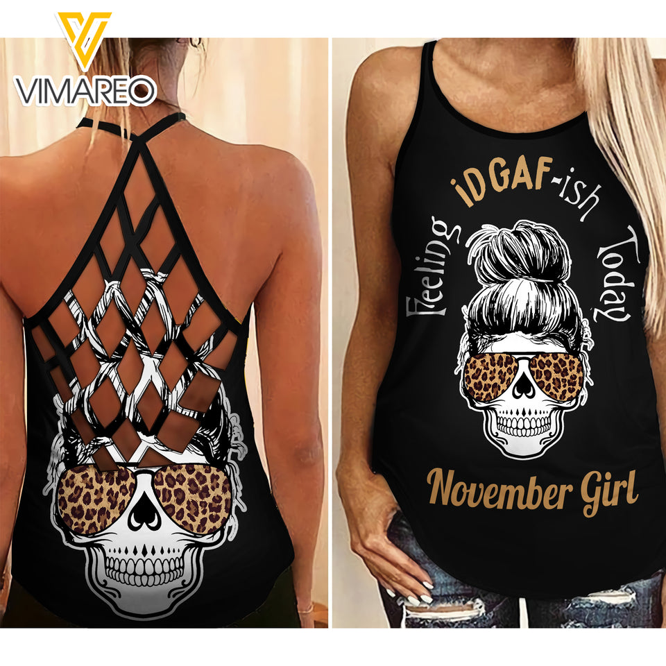 NOVEMBER GIRL FEELING IDGAFISH TODAY SKULL CRISS-CROSS TANK TOP