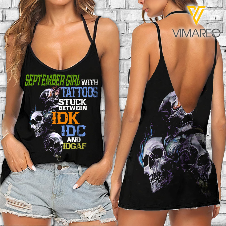 September Girl with Tattoos between IDK V Neck Halter Strap Backless Cami Tank Top