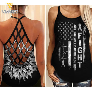 FIGHT LUNG CANCER AWEARNESS US FLAG SUNFLOWER CRISS-CROSS TANK TOP TNMA0110