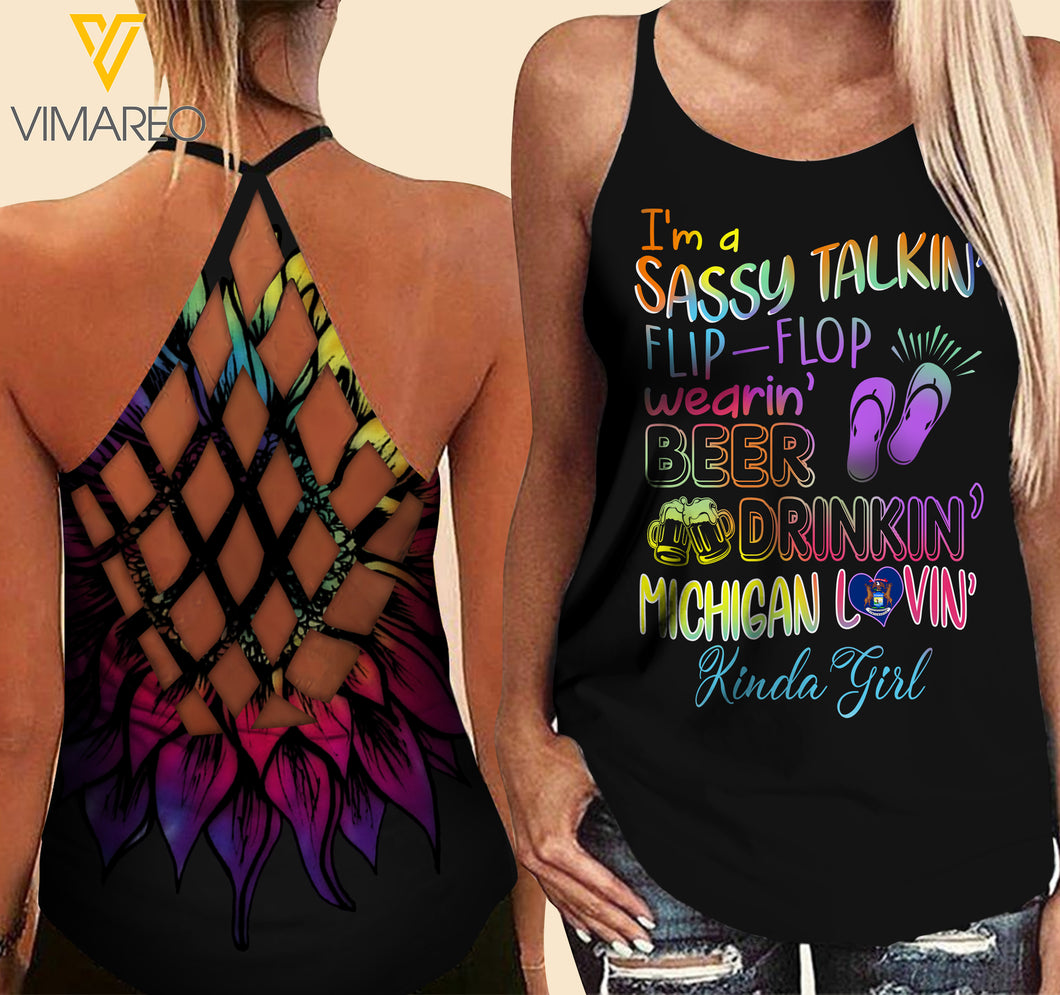 Michigan Lovein' Kinda girl Criss-Cross Open Back Camisole Tank Top TIE