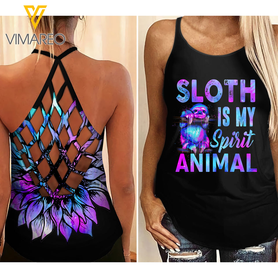 Sloth Sunflower Hippie Criss-Cross Open Back Camisole Tank Top