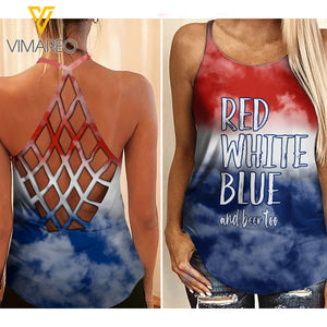 RED BLUE WHITE AND BEER TOO TIE DYE USA FLAG CRISS-CROSS TANK TOP