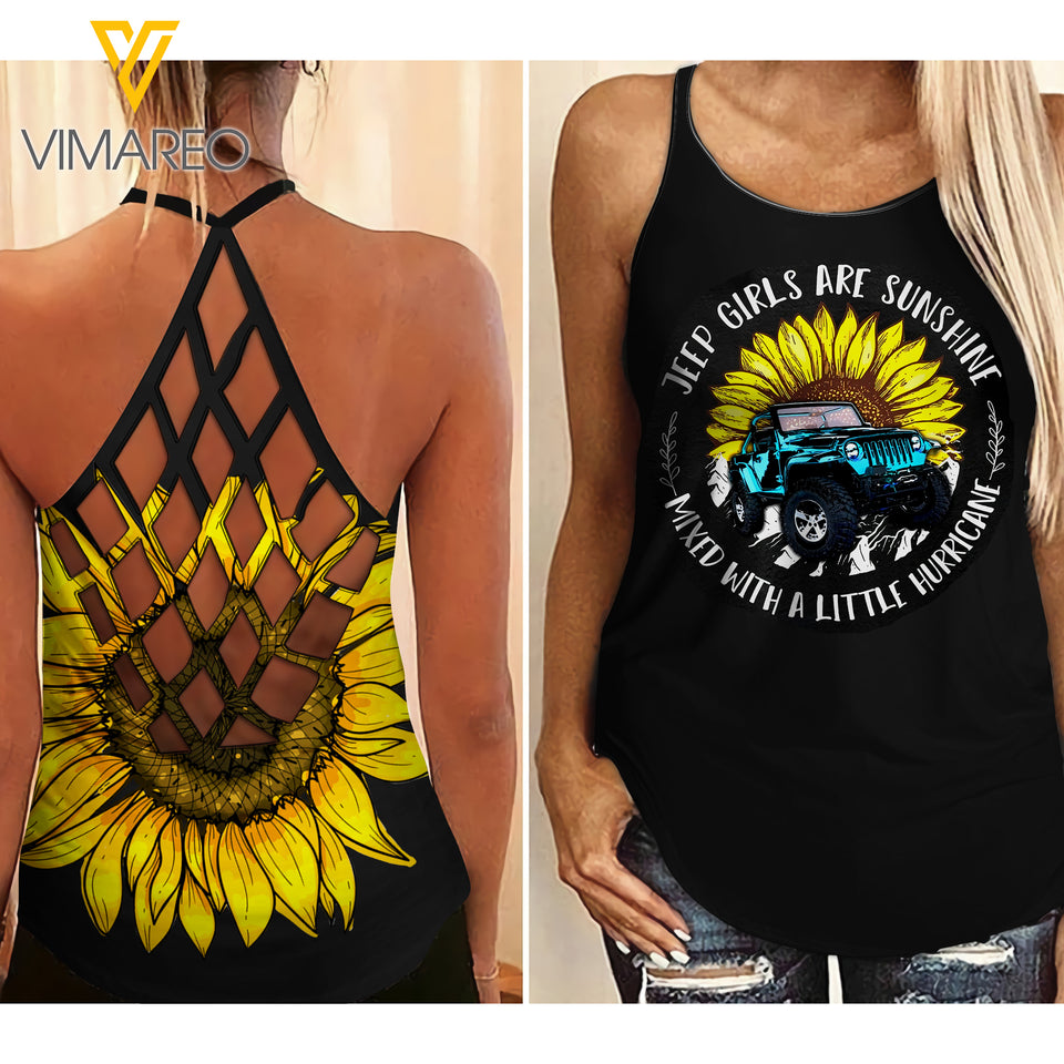 JEEP GIRL SUNSHINE WITH HURRICANE SUNFLOWER CRISS-CROSS TANK TOP