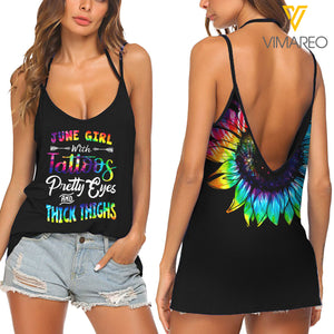 June Girl with Tattoos V Neck Halter Strap Backless Cami Tank Top