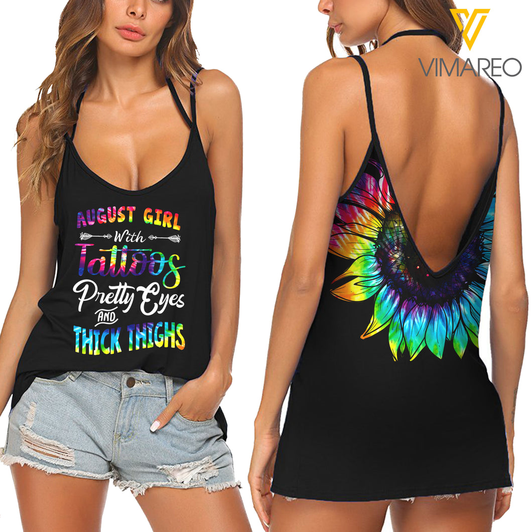 August Girl with Tattoos V Neck Halter Strap Backless Cami Tank Top