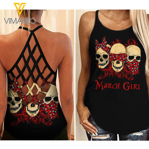 March Skull girl Criss-Cross Open Back Camisole Tank Top