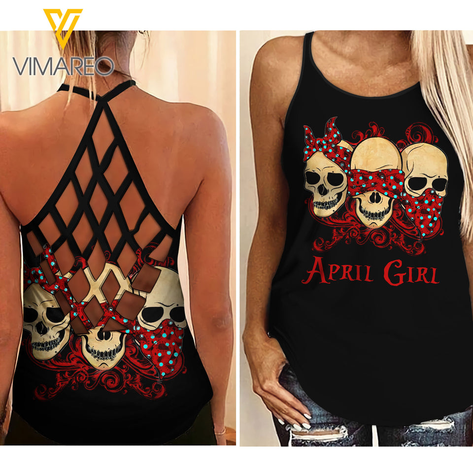 April Skull girl Criss-Cross Open Back Camisole Tank Top
