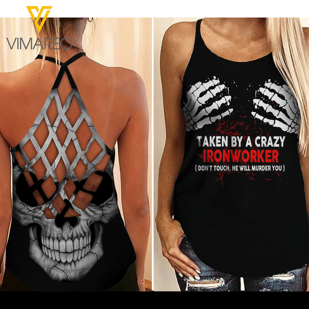 Taken by a crazy Ironworker Criss-Cross Open Back Camisole Tank Top Legging