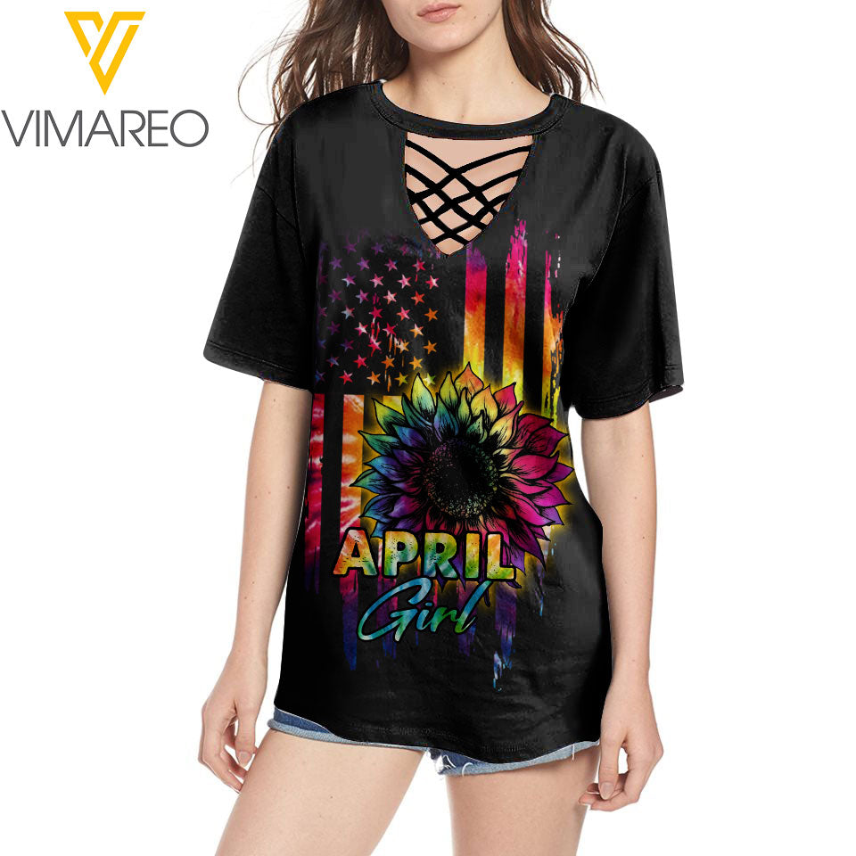 April Girl 3D Printed Lace up T-Shirt