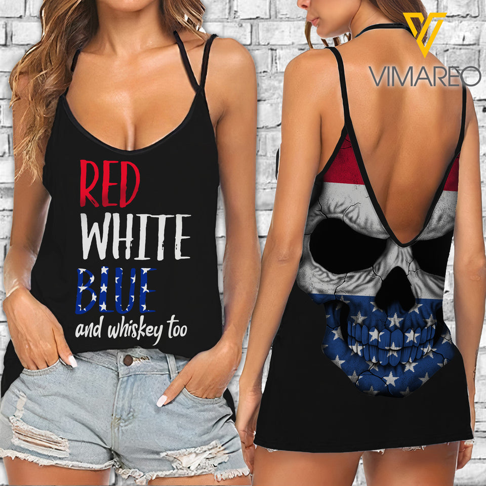 Red White Blue and Whiskey too V Neck Halter Strap Backless Cami Tank Top