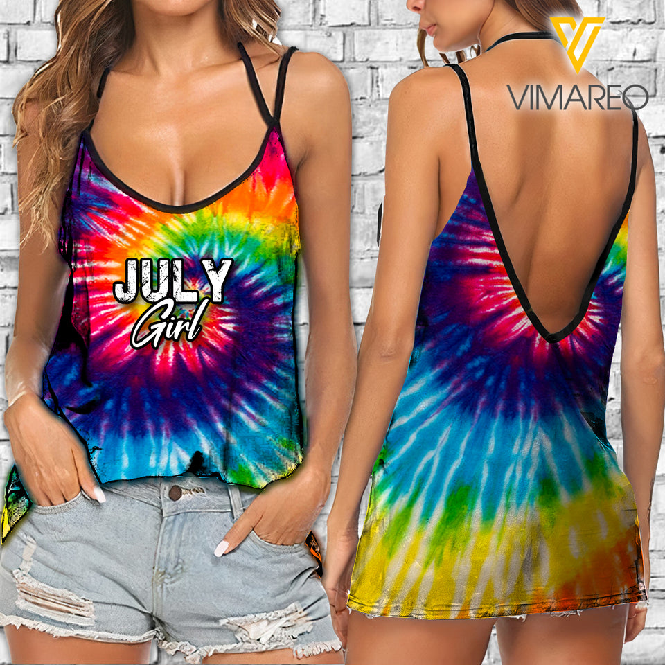 July Girl V Neck Halter Strap Backless Cami Tank Top Tie Dye