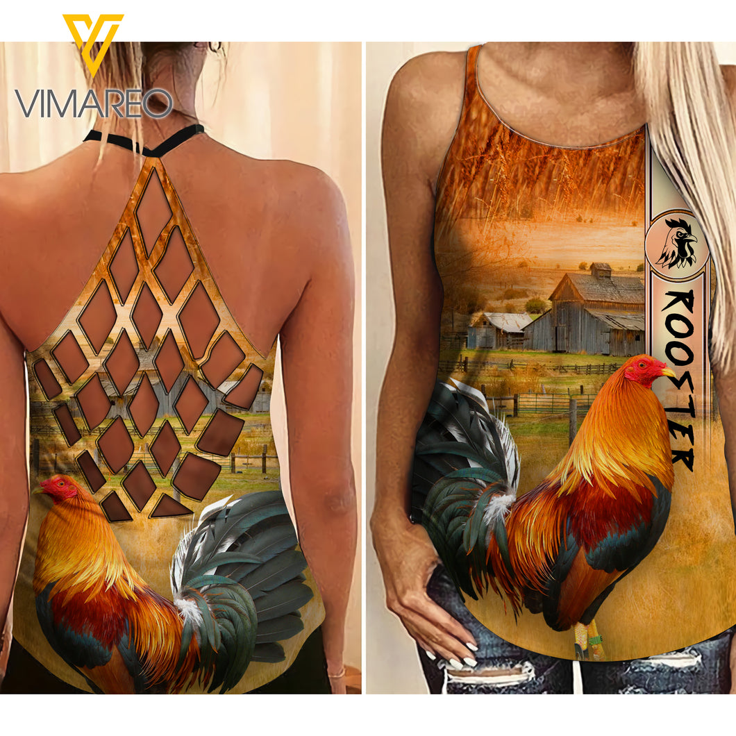 Rooster Criss-Cross Open Back Camisole Tank Top Legging WHIS