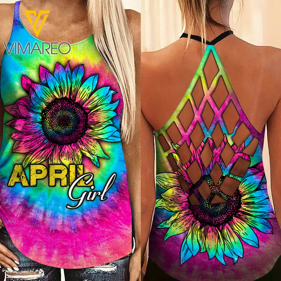 April Girl-Sunflower tie dye Criss-Cross Open Back Camisole Tank Top Legging