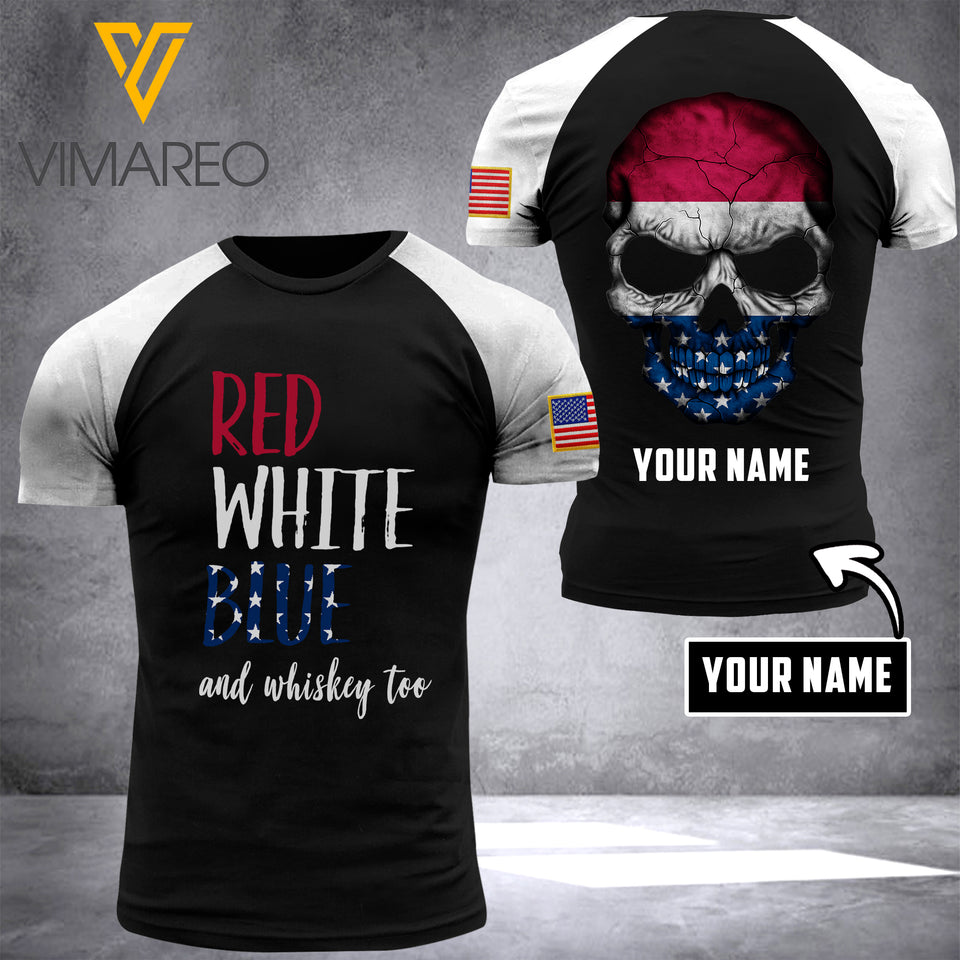 RED WHITE BLUE WHISKEY T SHIRT 3D PRINTED SKULL