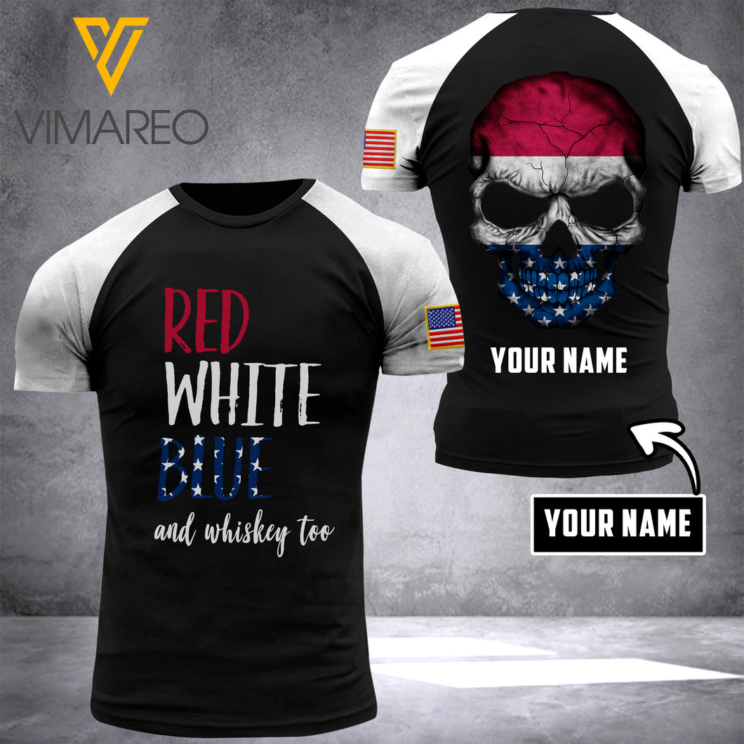RED WHITE BLUE WHISKEY T SHIRT 3D PRINTED SKULL