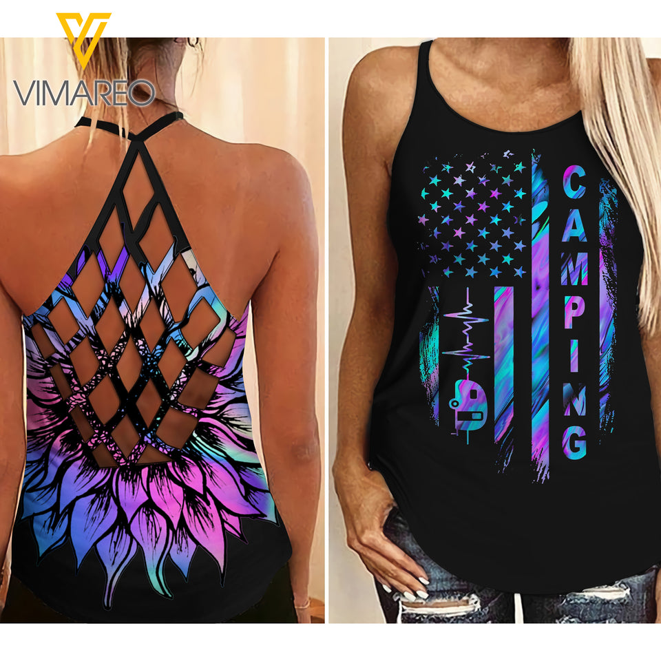 CAMPING GIRL CRISS-CROSS TANK TOP SUNFLOWER OR CAMPFIRE