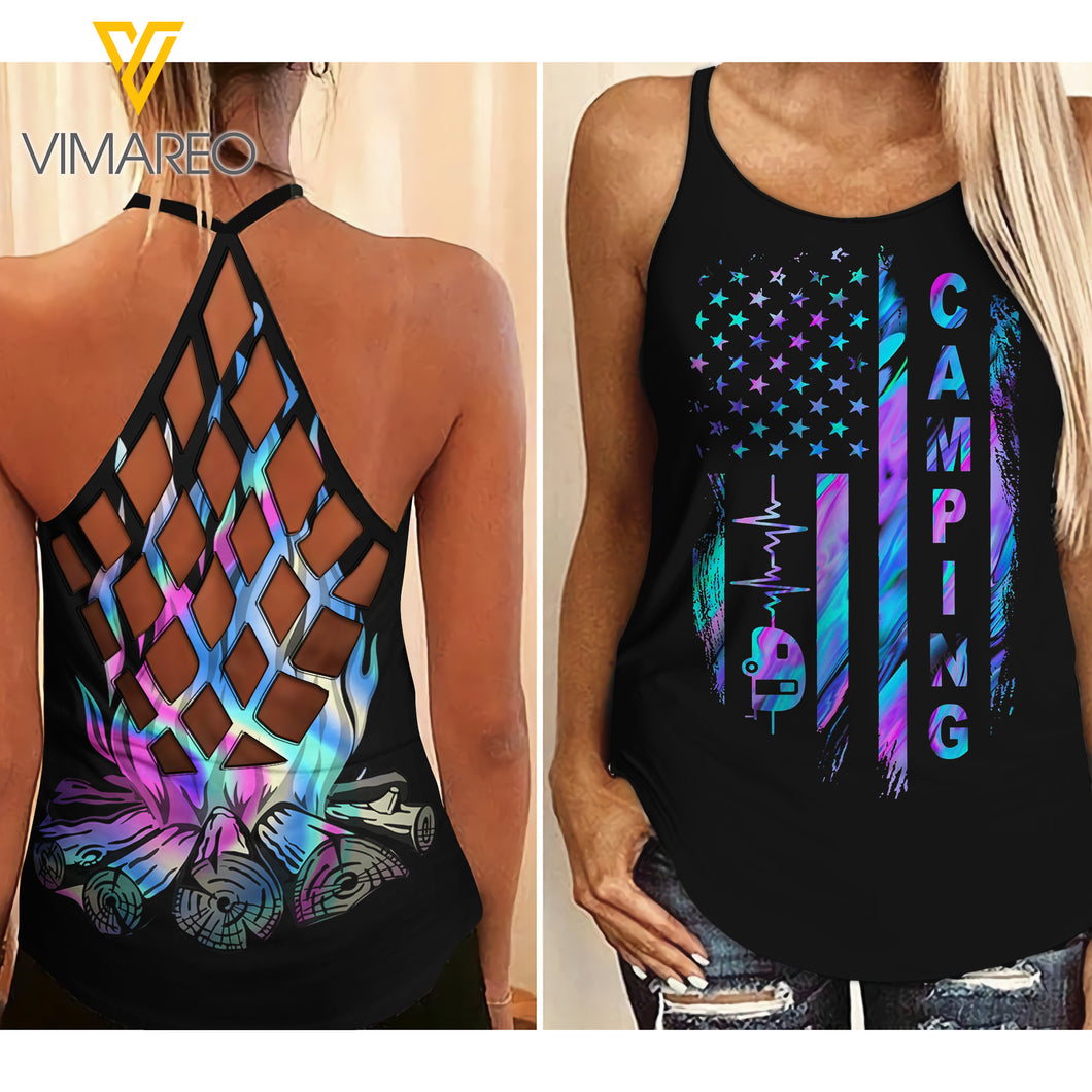 CAMPING GIRL CRISS-CROSS TANK TOP SUNFLOWER OR CAMPFIRE