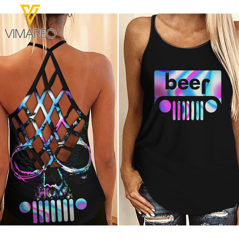 JEEP AND BEER GIRL CRISS-CROSS TANK TOP SKULL
