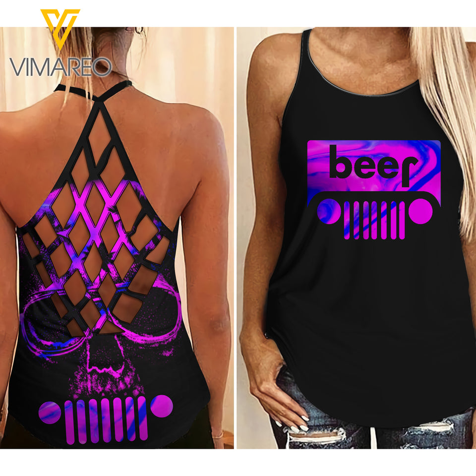 JEEP AND BEER GIRL CRISS-CROSS TANK TOP SKULL