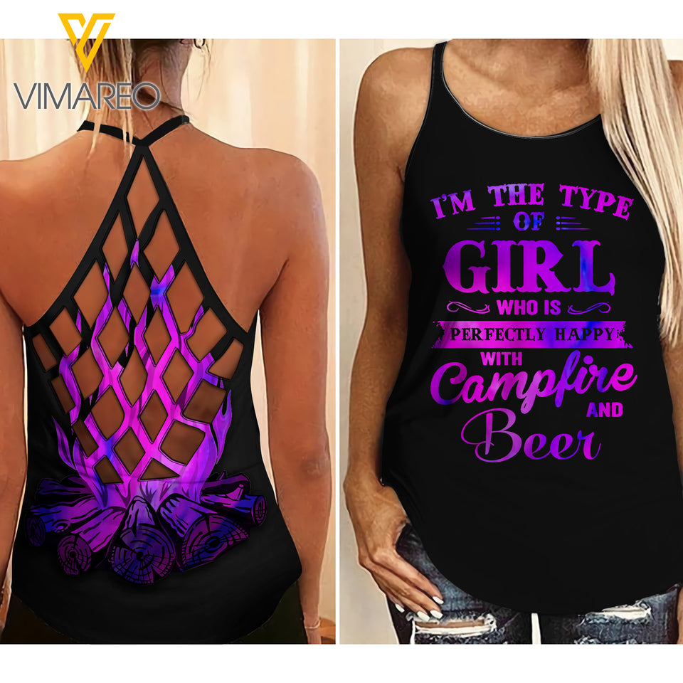 CAMPFIRE AND BEER GIRL CRISS-CROSS TANK TOP