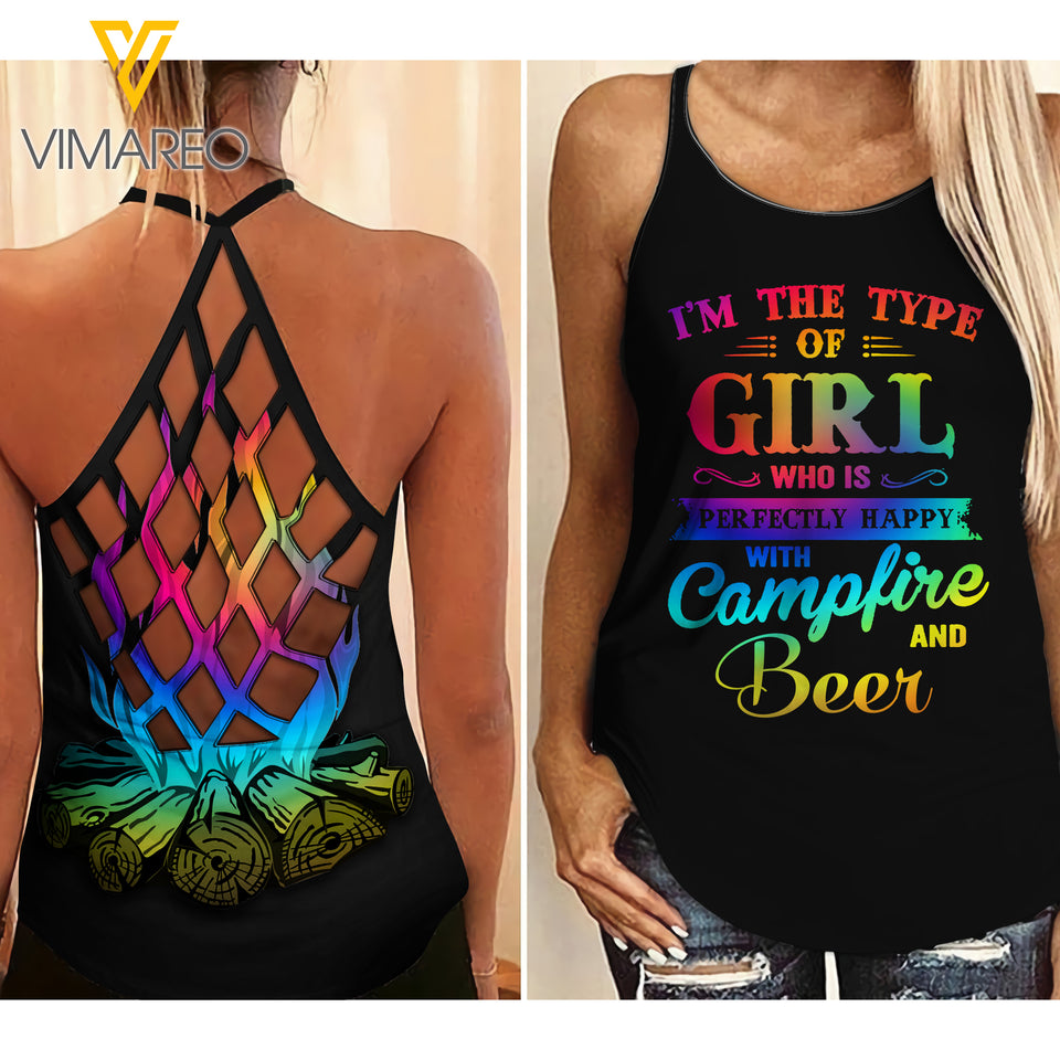 CAMPFIRE AND BEER GIRL CRISS-CROSS TANK TOP