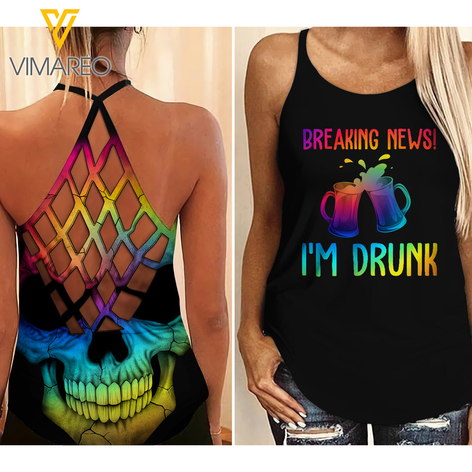 BEER BREAKING NEWS CRISS-CROSS TANK TOP SKULL