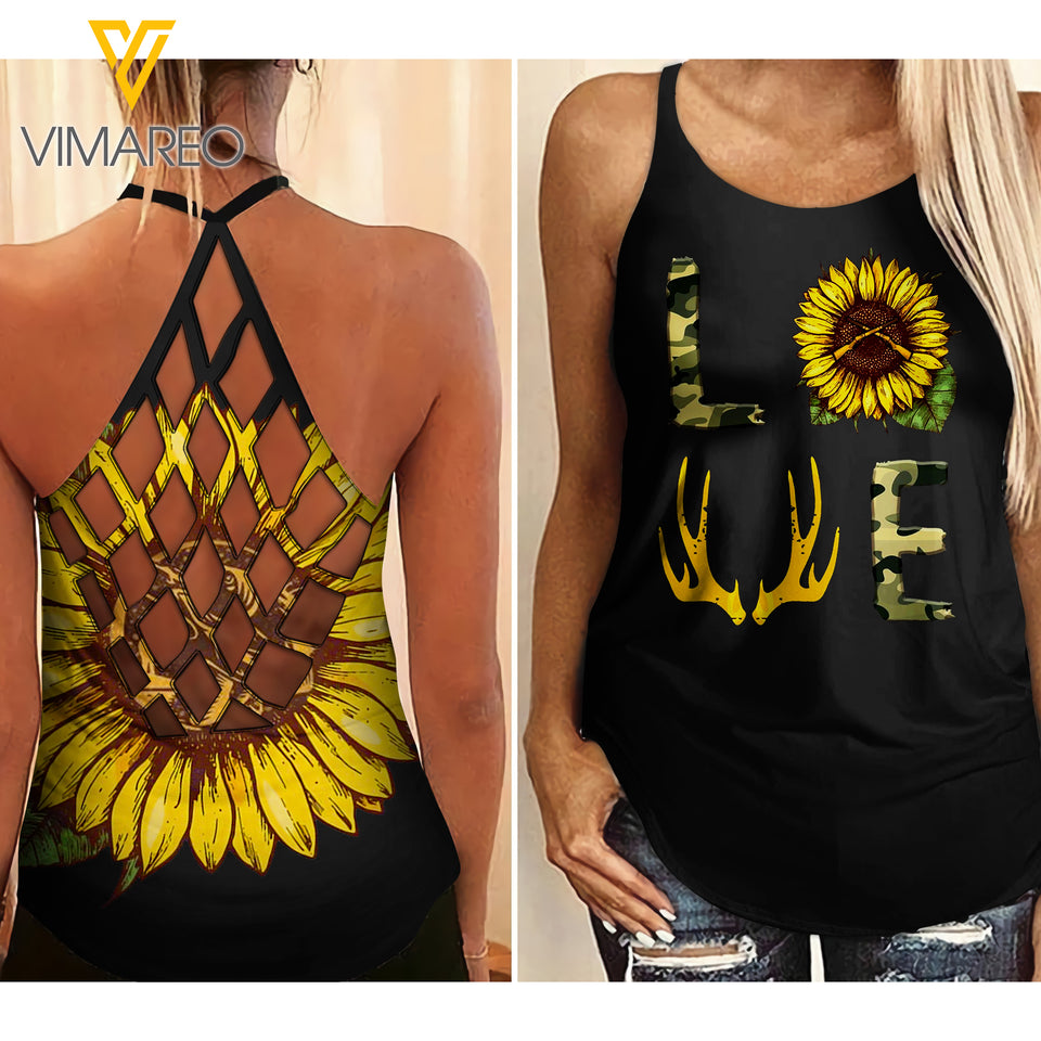 DEER HUNTING LOVE CRISS-CROSS TANK TOP SUNFLOWER