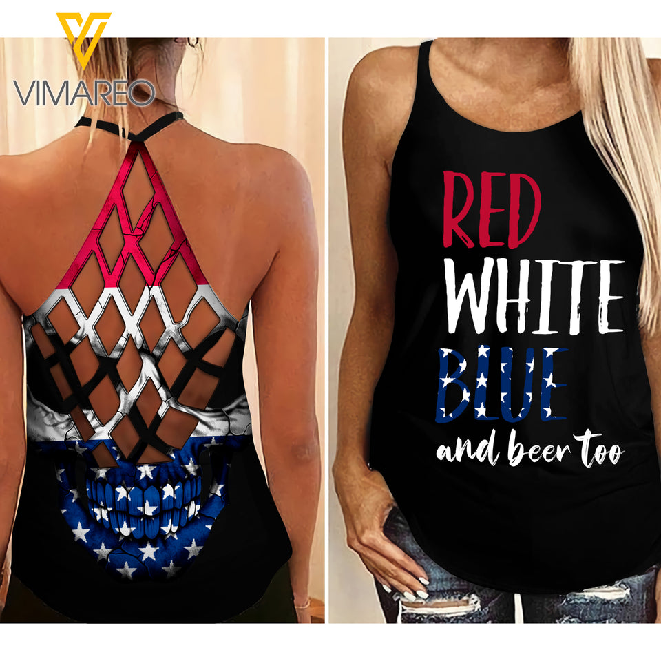 KHMD RED WHITE BLUE AND BEER Girl Criss-Cross Tank Top